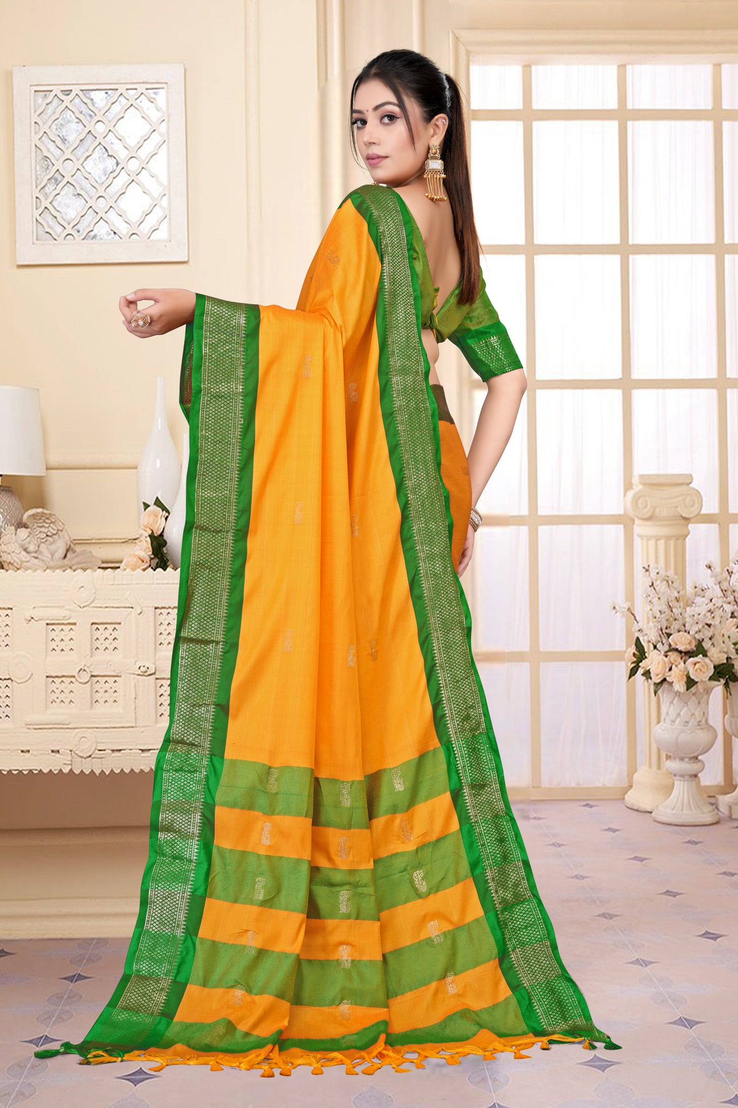 Gold & Green Pink Paithani Cotton Silk Saree