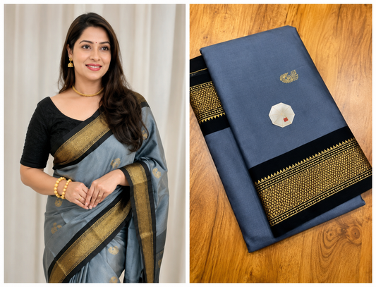 Grey & Black Paithani Cotton Silk Saree