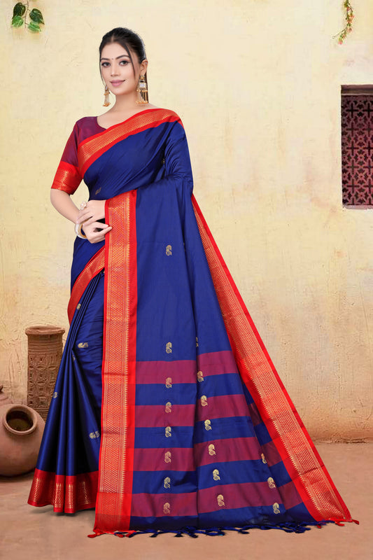 Navy Blue & Red Paithani Cotton Silk Saree