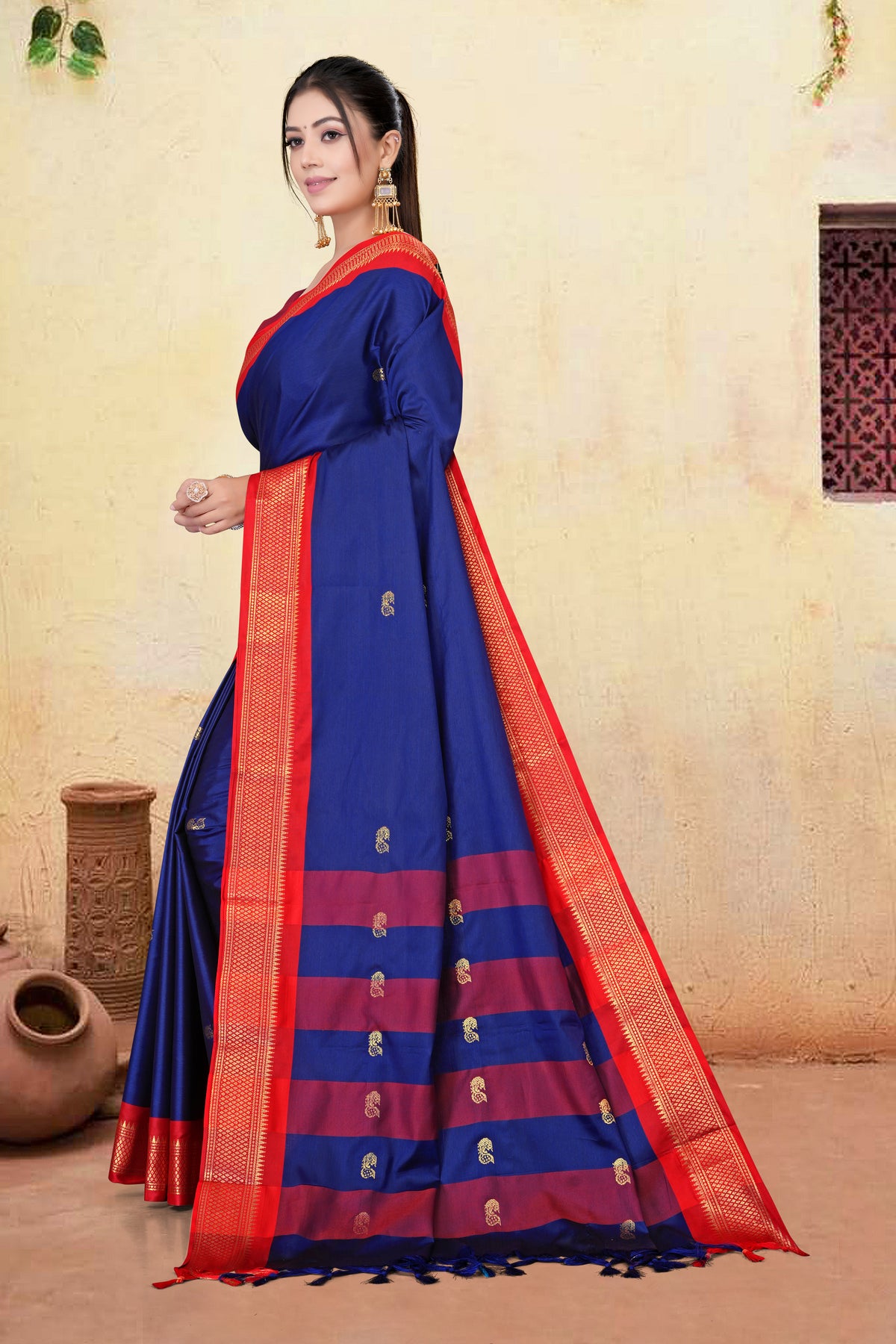 Navy Blue & Red Paithani Cotton Silk Saree