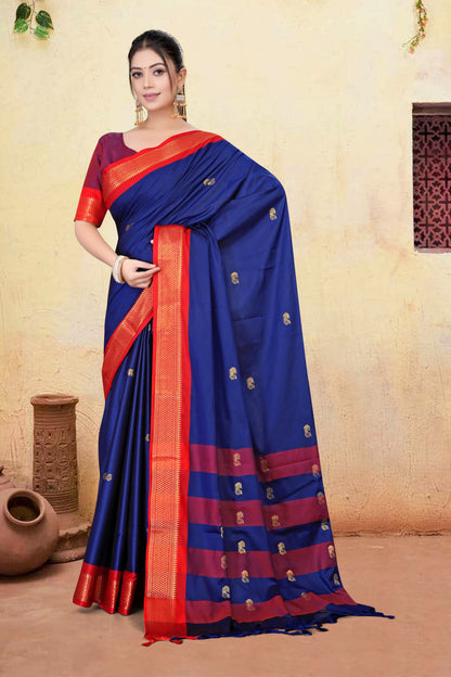 Navy Blue & Red Paithani Cotton Silk Saree