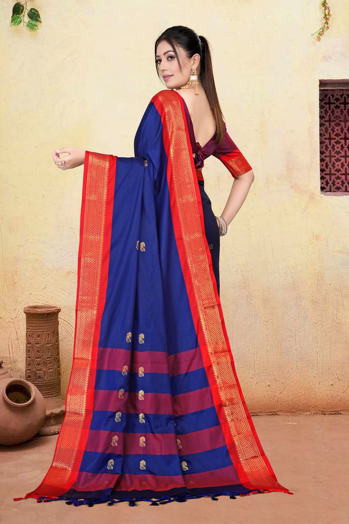Navy Blue & Red Paithani Cotton Silk Saree
