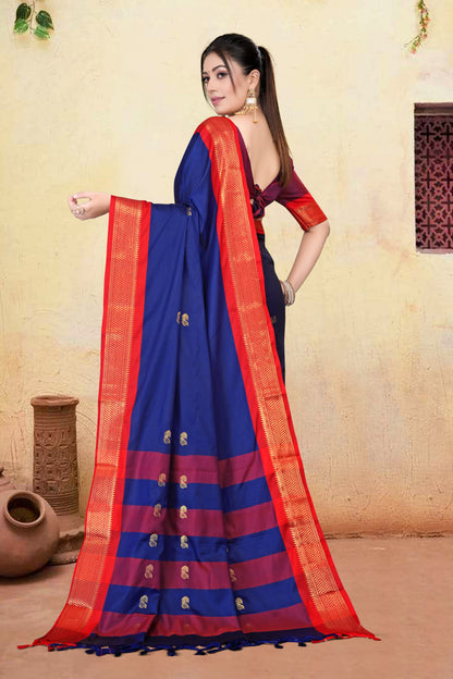 Navy Blue & Red Paithani Cotton Silk Saree