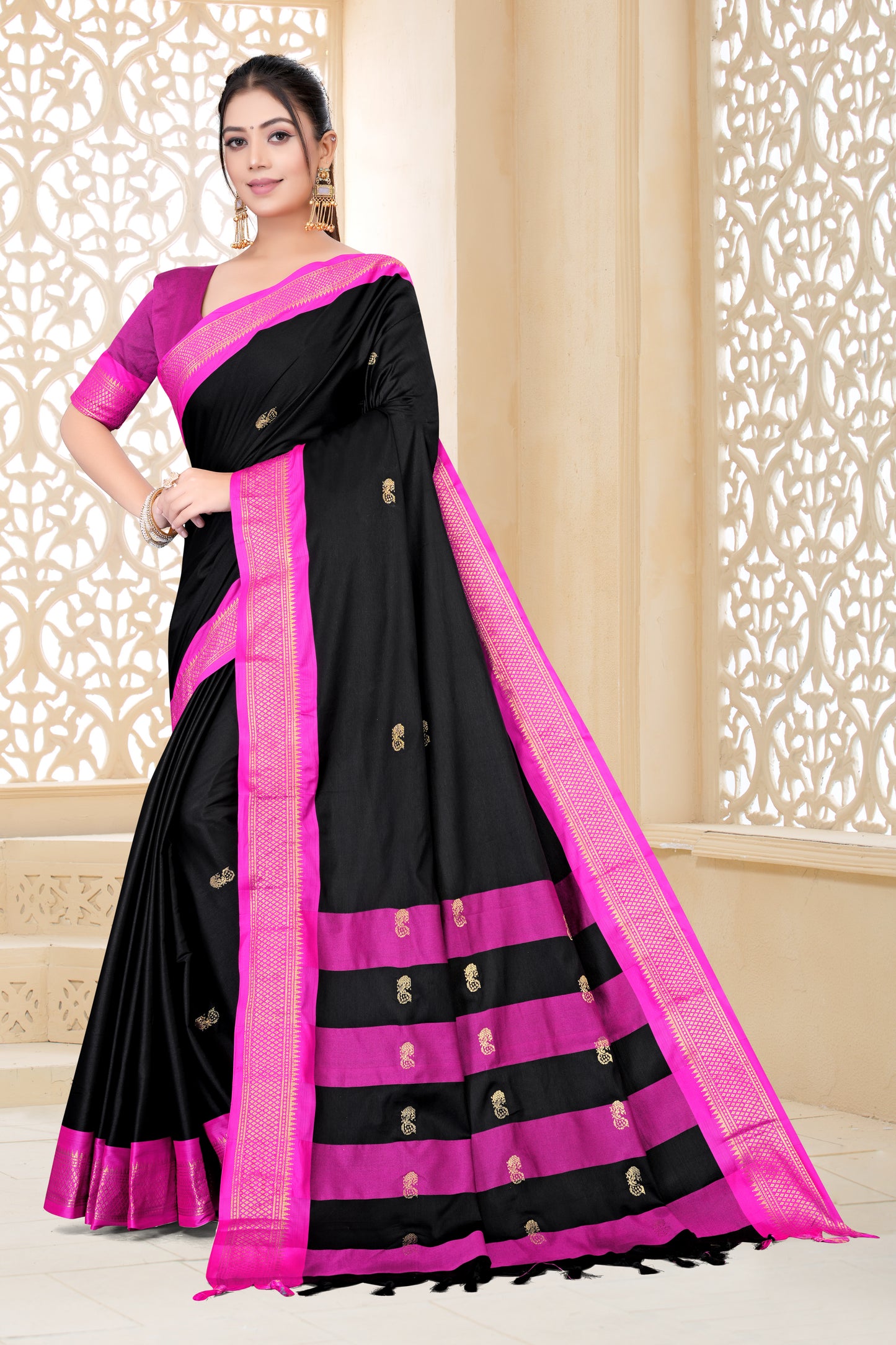 Navy Blue & Rani Pink Paithani Cotton Silk Saree