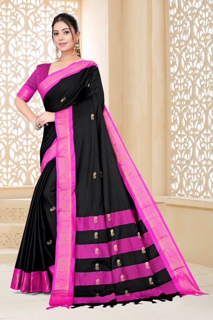 Navy Blue & Rani Pink Paithani Cotton Silk Saree