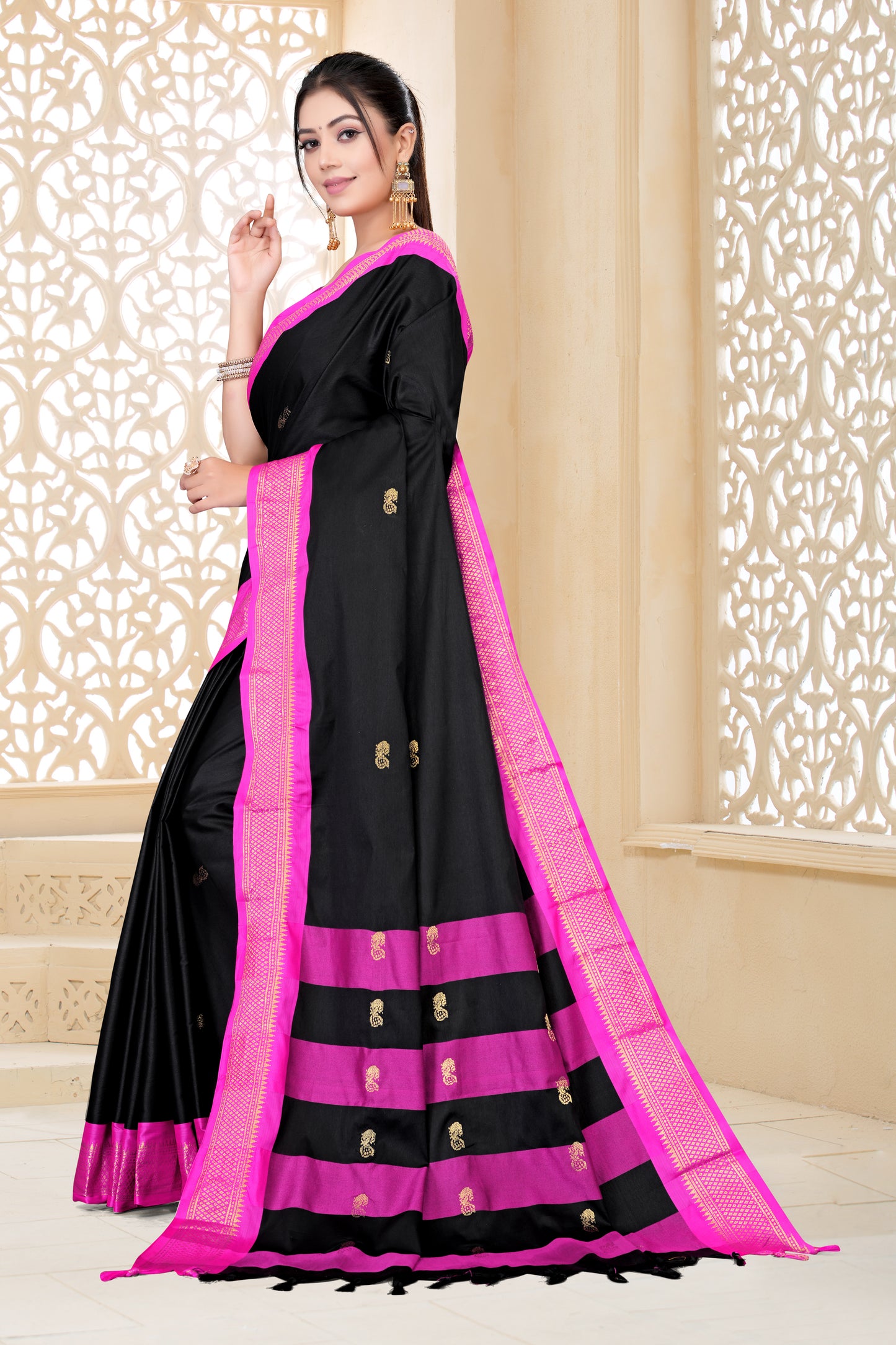 Navy Blue & Rani Pink Paithani Cotton Silk Saree