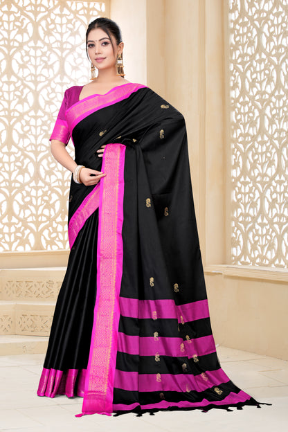 Navy Blue & Rani Pink Paithani Cotton Silk Saree