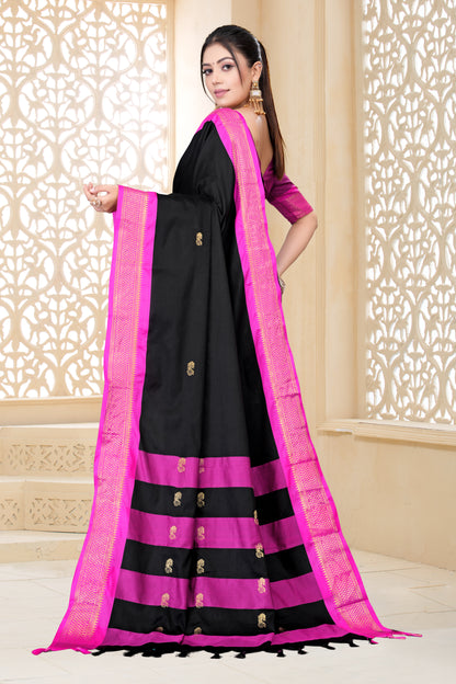 Navy Blue & Rani Pink Paithani Cotton Silk Saree