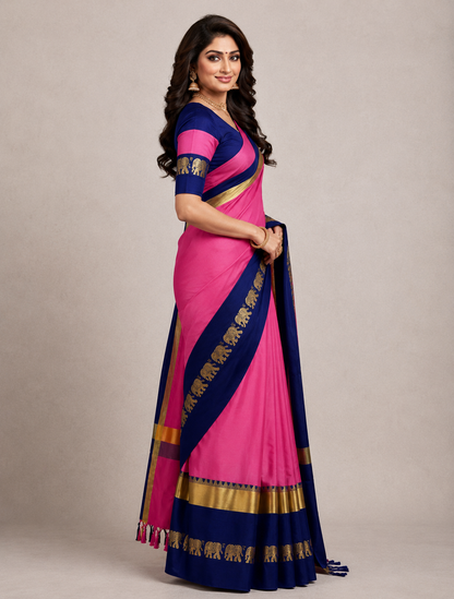 Pink & Navy Blue Hathi Design (Elephant) Cotton Silk Saree