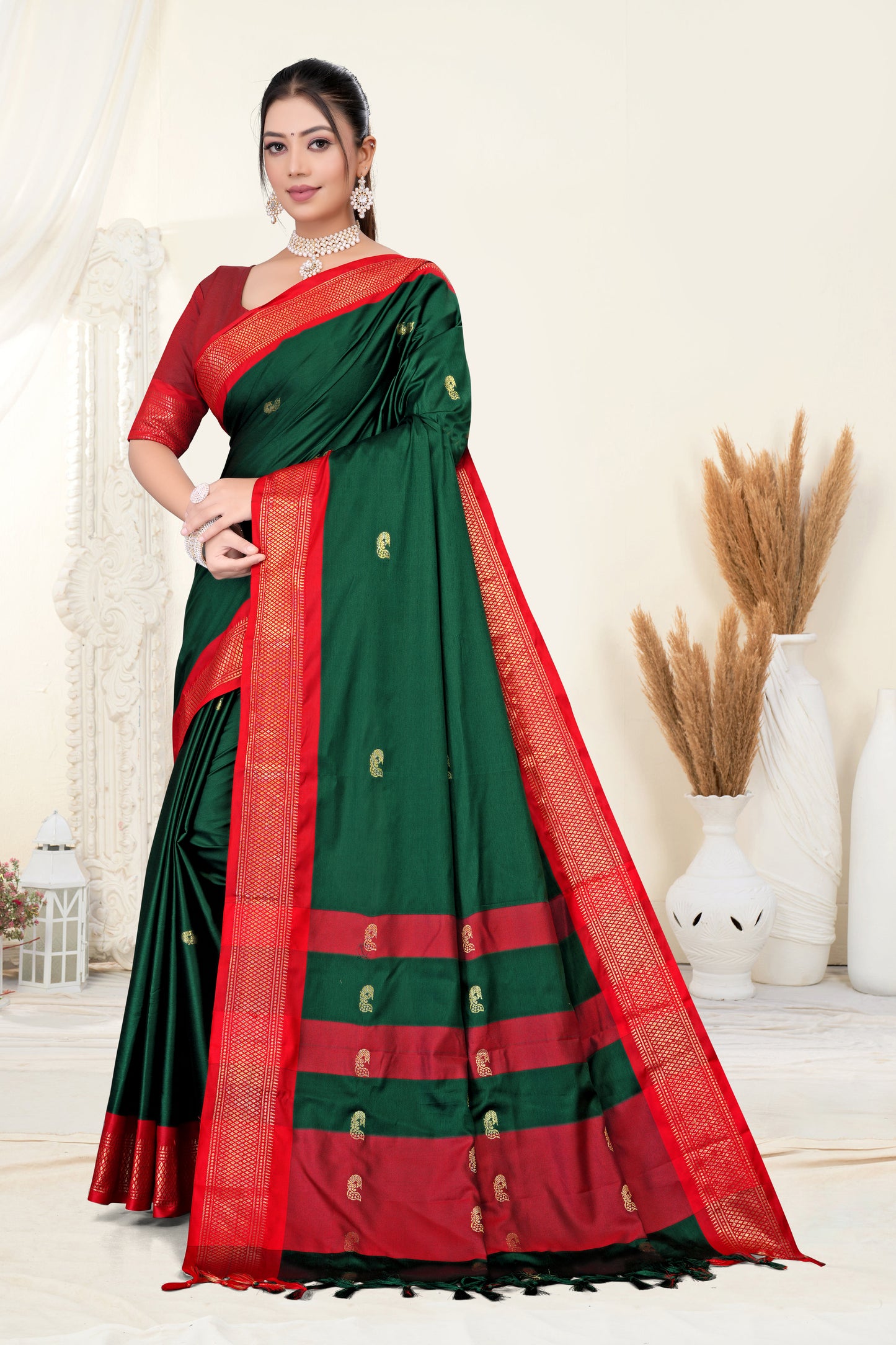 Bottle Green & Red Paithani Cotton Silk Saree