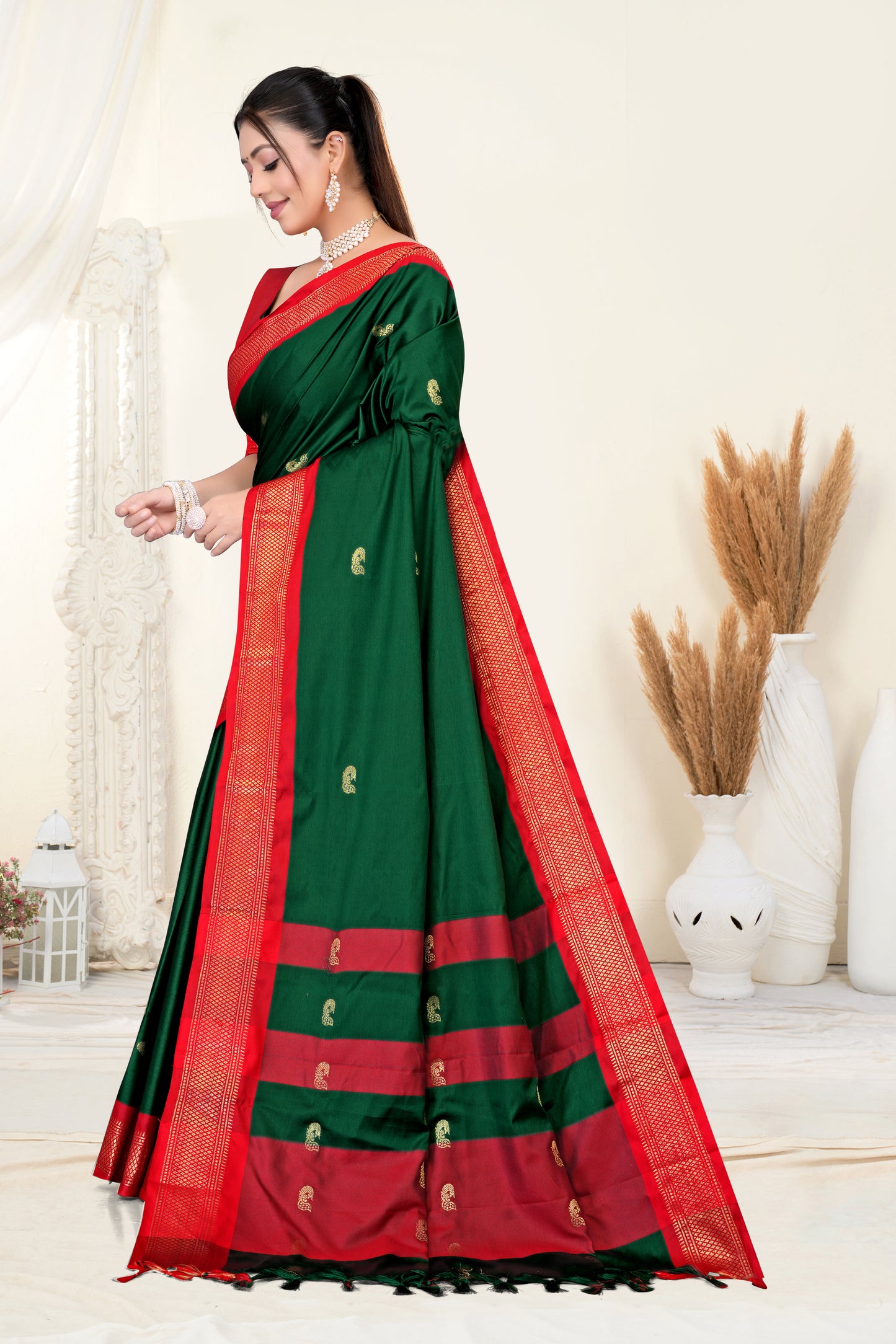 Bottle Green & Red Paithani Cotton Silk Saree