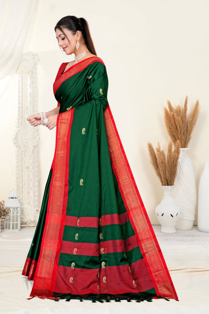 Bottle Green & Red Paithani Cotton Silk Saree