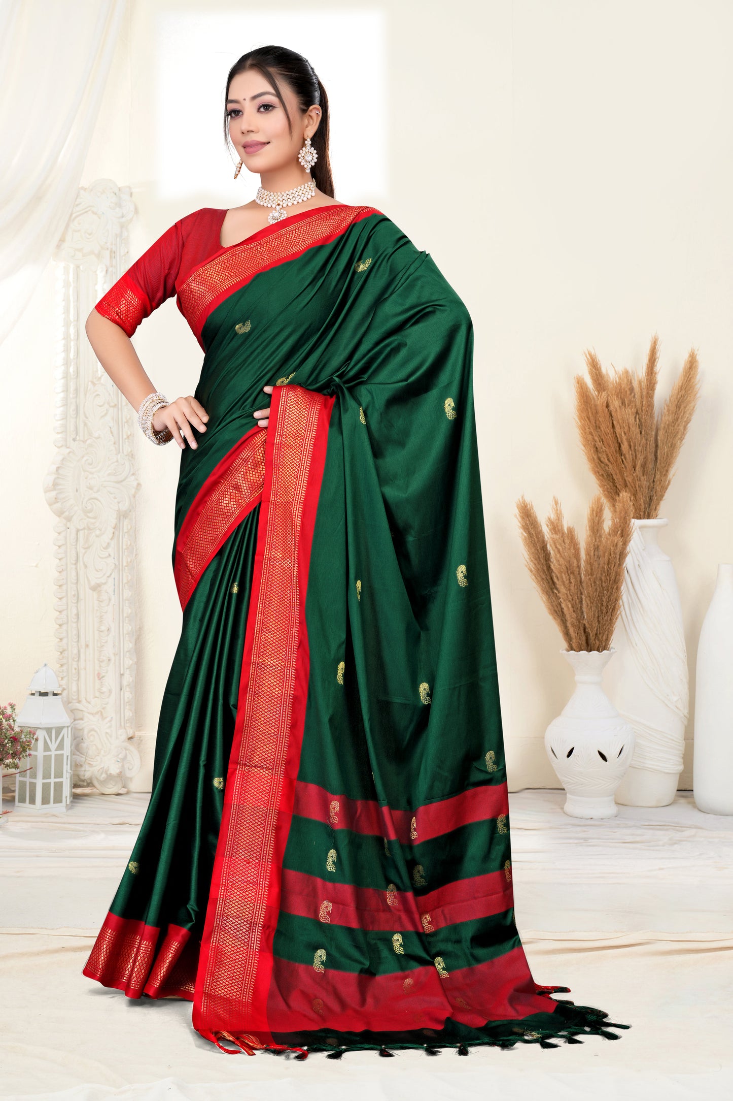Bottle Green & Red Paithani Cotton Silk Saree