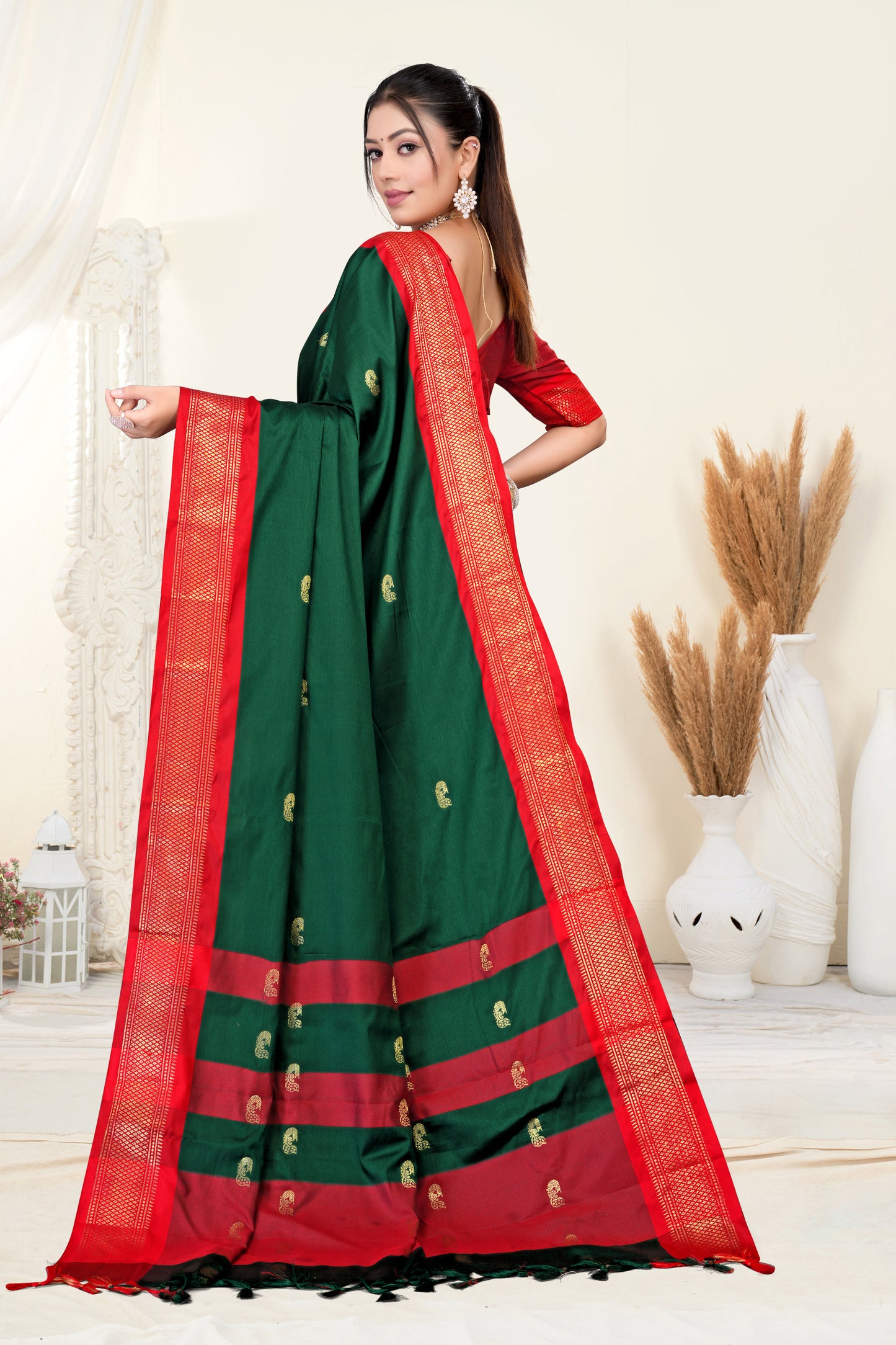 Bottle Green & Red Paithani Cotton Silk Saree