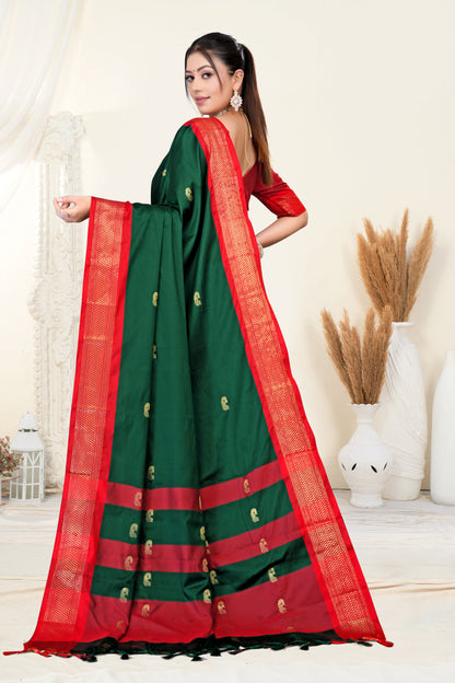 Bottle Green & Red Paithani Cotton Silk Saree