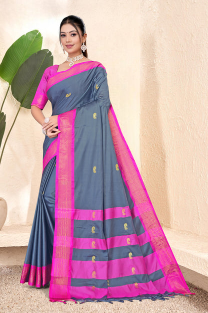 Steel Grey & Rani Pink Paithani Cotton Silk Saree