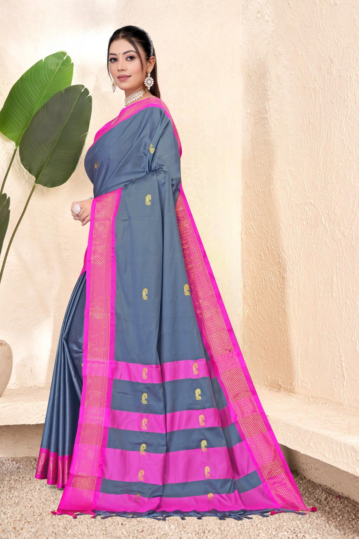 Steel Grey & Rani Pink Paithani Cotton Silk Saree