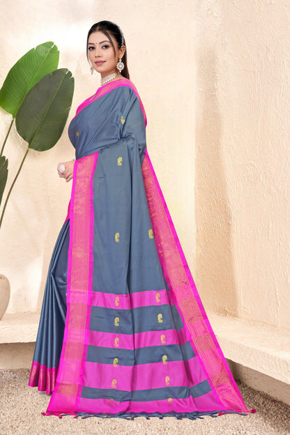 Steel Grey & Rani Pink Paithani Cotton Silk Saree
