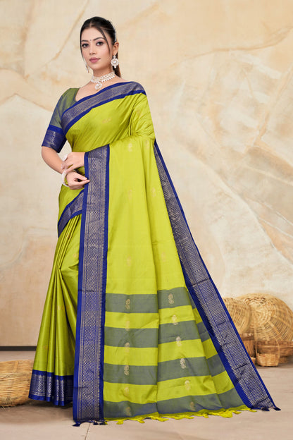 Lemon & Navy Blue Paithani Cotton Silk Saree