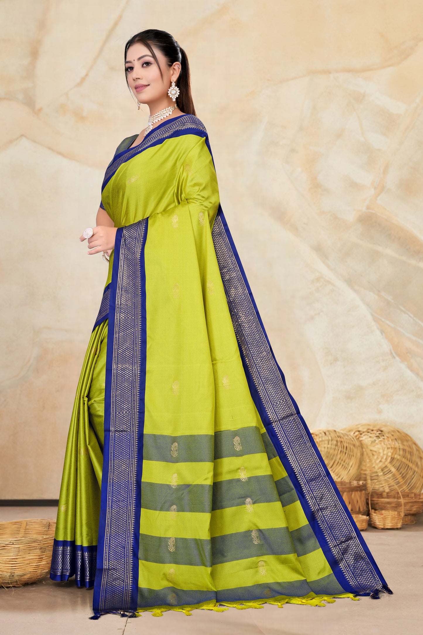 Lemon & Navy Blue Paithani Cotton Silk Saree