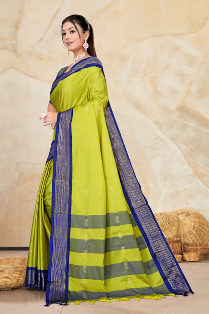 Lemon & Navy Blue Paithani Cotton Silk Saree
