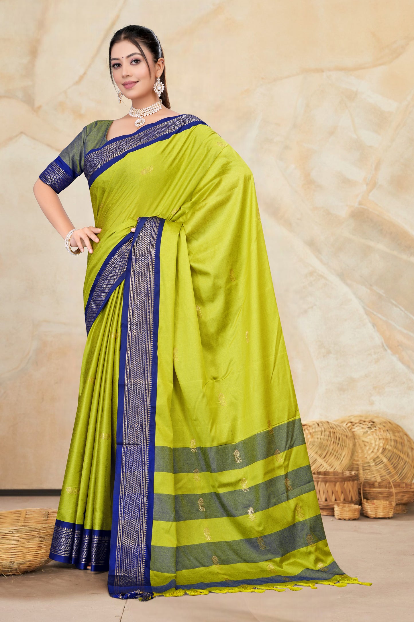 Lemon & Navy Blue Paithani Cotton Silk Saree