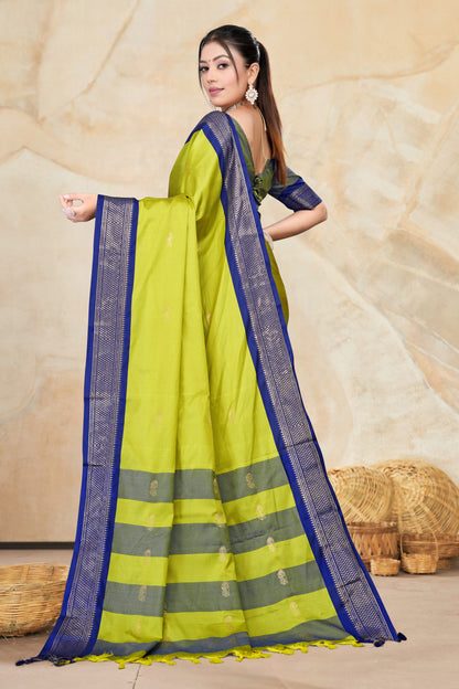 Lemon & Navy Blue Paithani Cotton Silk Saree