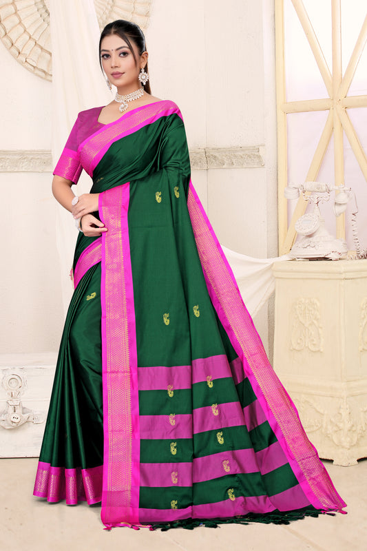 Bottle Green & Rani Pink Paithani Cotton Silk Saree
