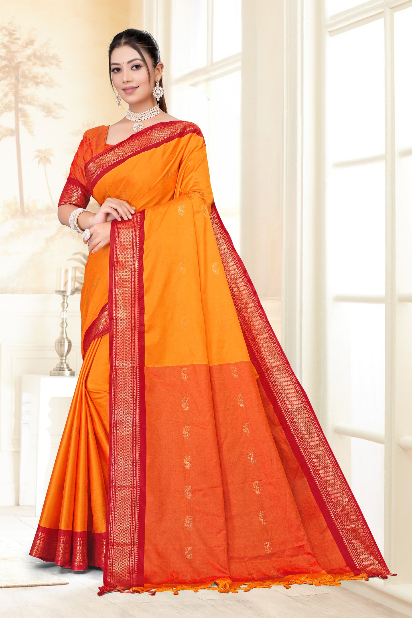 Gold & Red Paithani Cotton Silk Saree