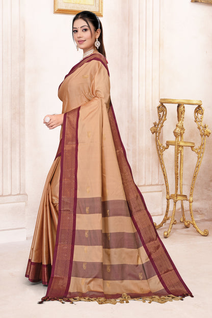 Light Almond & Brown Paithani Cotton Silk Saree