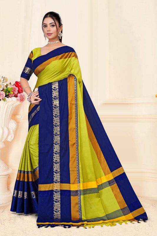 Lemon Yellow & Navy Blue Hathi Design (Elephant) Cotton Silk Saree