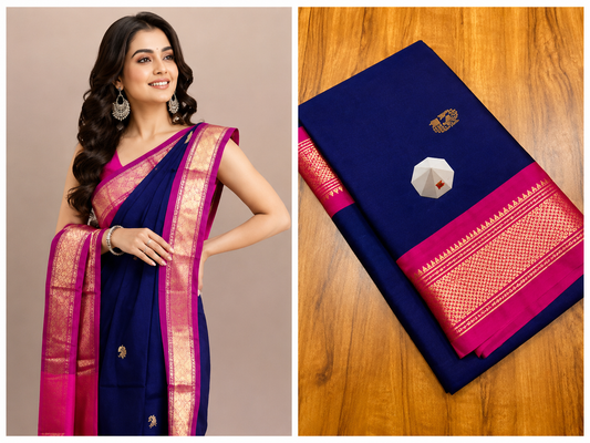 Navy Blue & Rani Pink Paithani Cotton Silk Saree