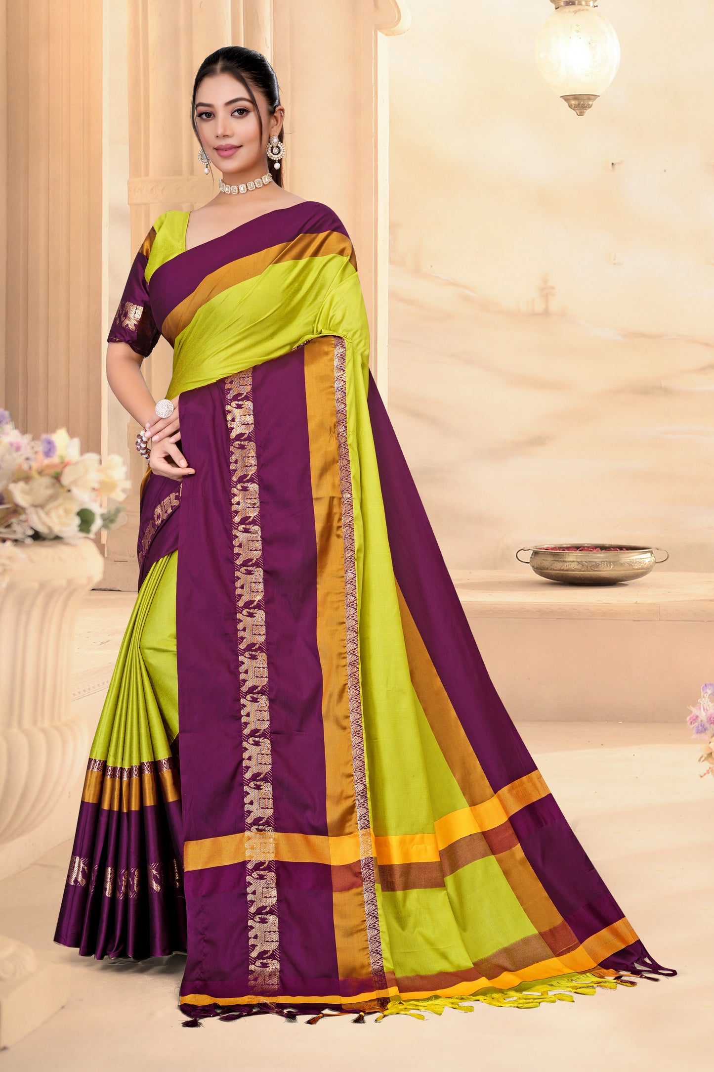 Lemon Yellow & Shaljam Hathi Design (Elephant) Cotton Silk Saree