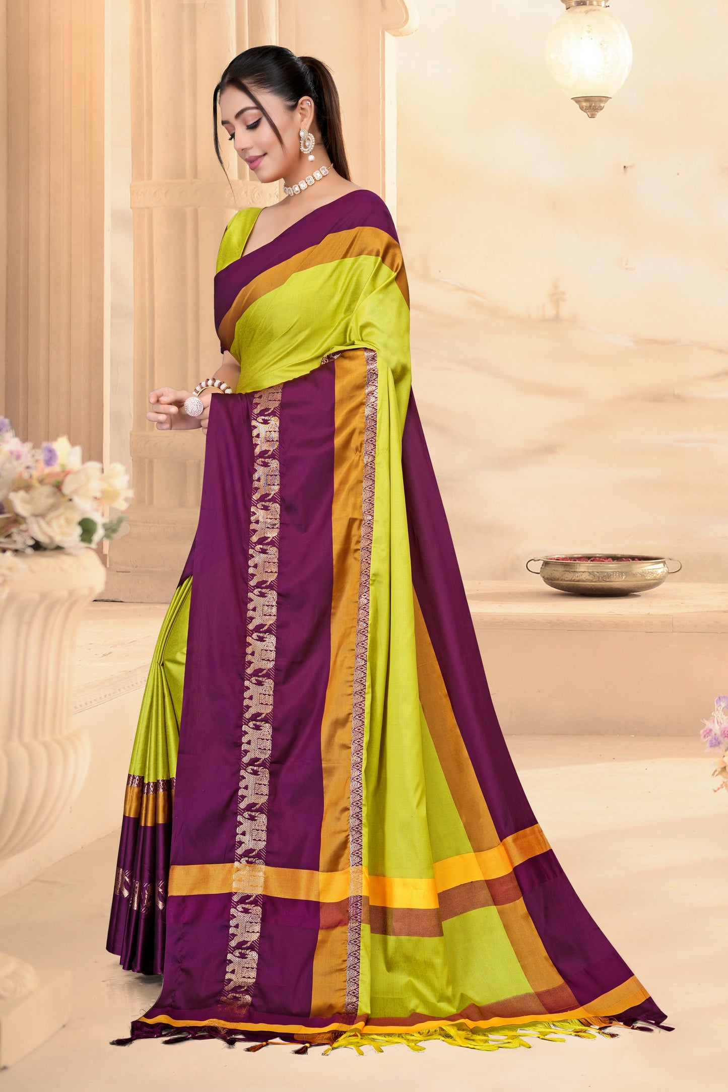 Lemon Yellow & Shaljam Hathi Design (Elephant) Cotton Silk Saree