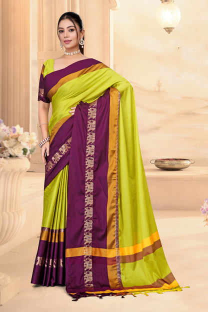 Lemon Yellow & Shaljam Hathi Design (Elephant) Cotton Silk Saree