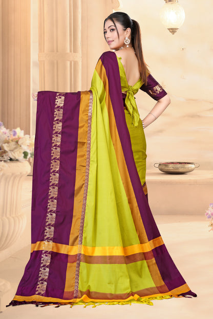 Lemon Yellow & Shaljam Hathi Design (Elephant) Cotton Silk Saree