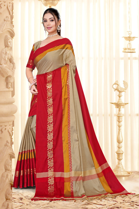 Beige & Red Hathi Design (Elephant) Cotton Silk Saree