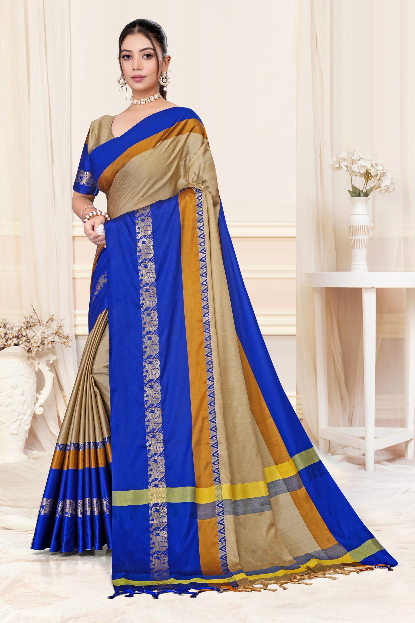 Beige & Royal Blue Hathi Design (Elephant) Cotton Silk Saree