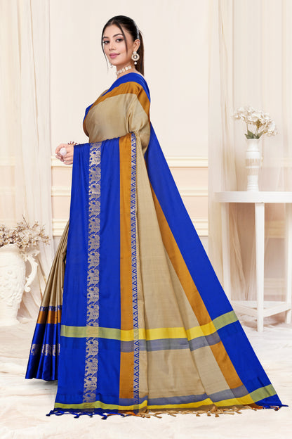 Beige & Royal Blue Hathi Design (Elephant) Cotton Silk Saree