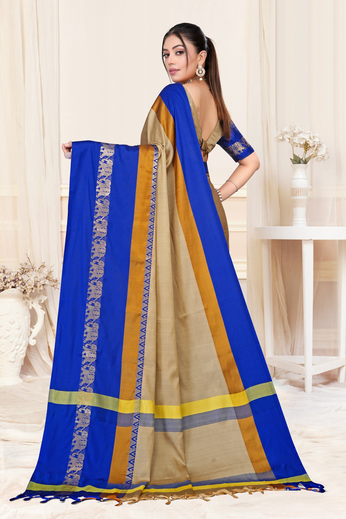 Beige & Royal Blue Hathi Design (Elephant) Cotton Silk Saree
