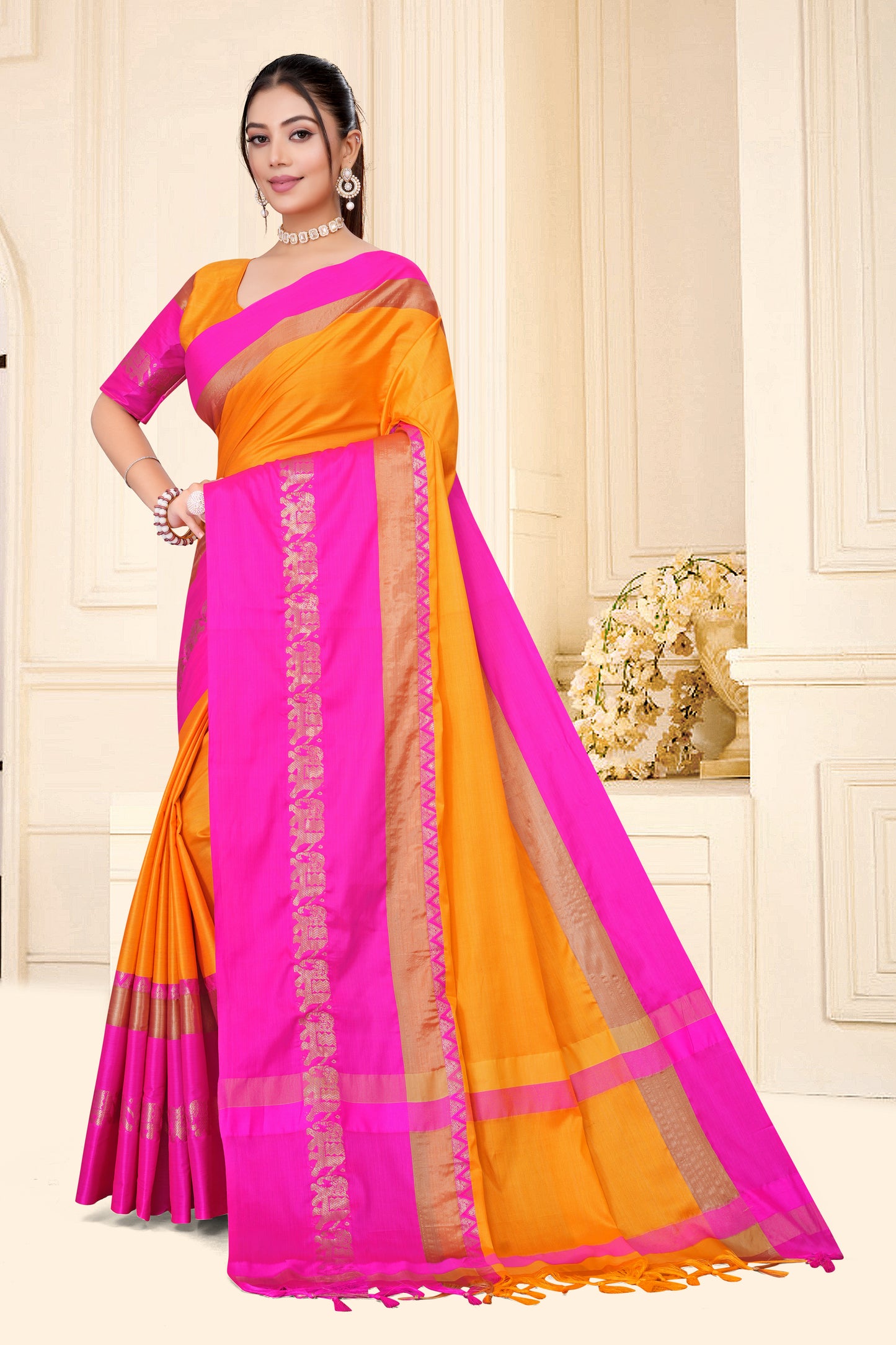 Gold & Pink Rani Hathi Design (Elephant) Cotton Silk Saree