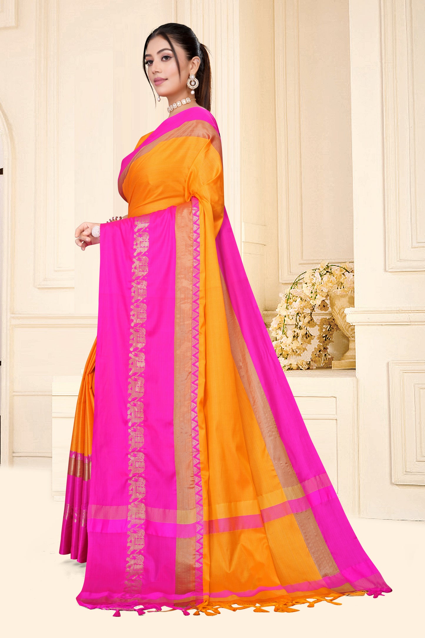 Gold & Pink Rani Hathi Design (Elephant) Cotton Silk Saree