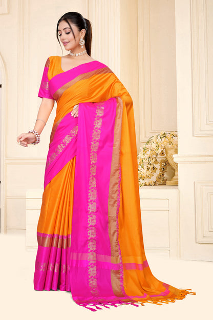 Gold & Pink Rani Hathi Design (Elephant) Cotton Silk Saree