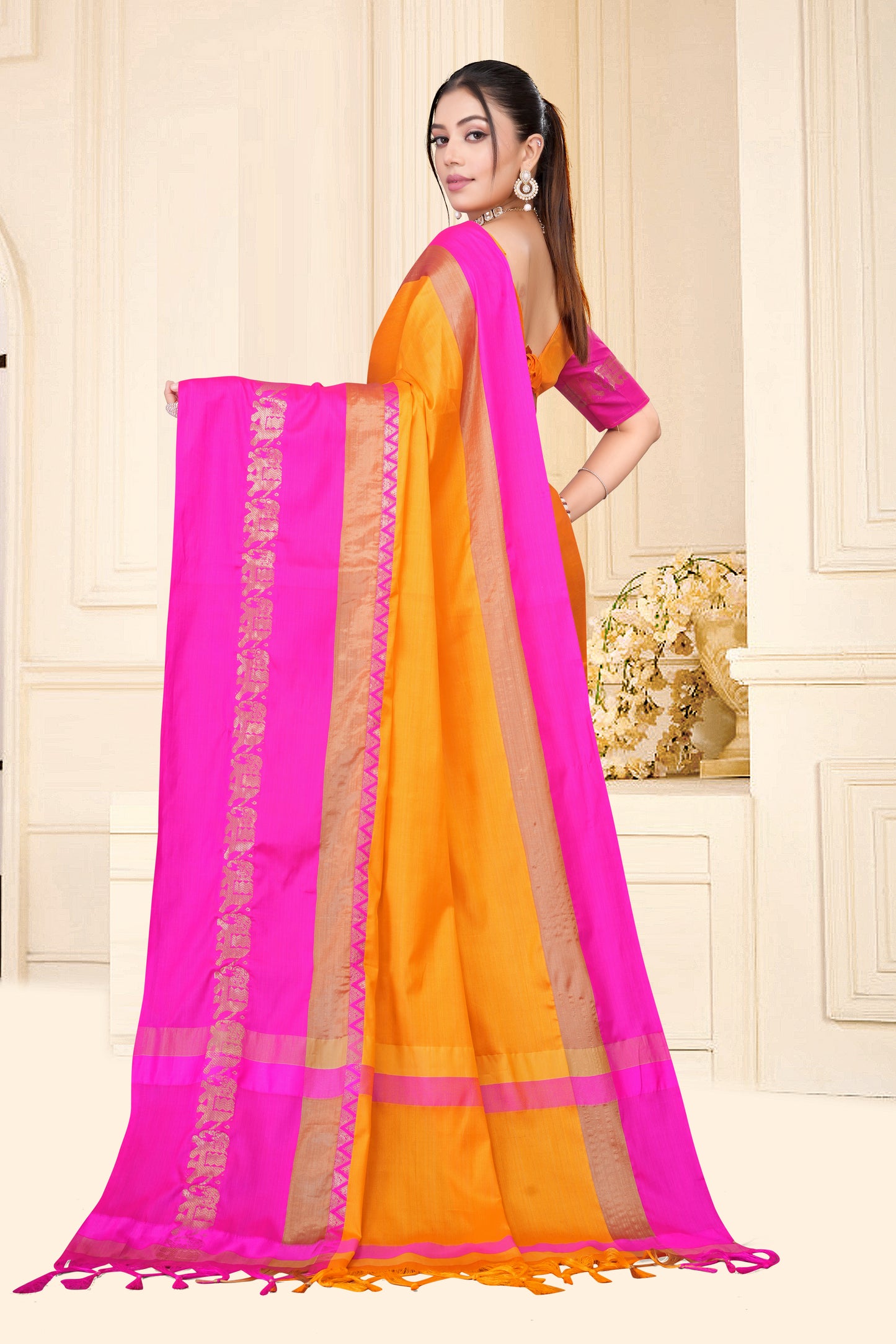 Gold & Pink Rani Hathi Design (Elephant) Cotton Silk Saree