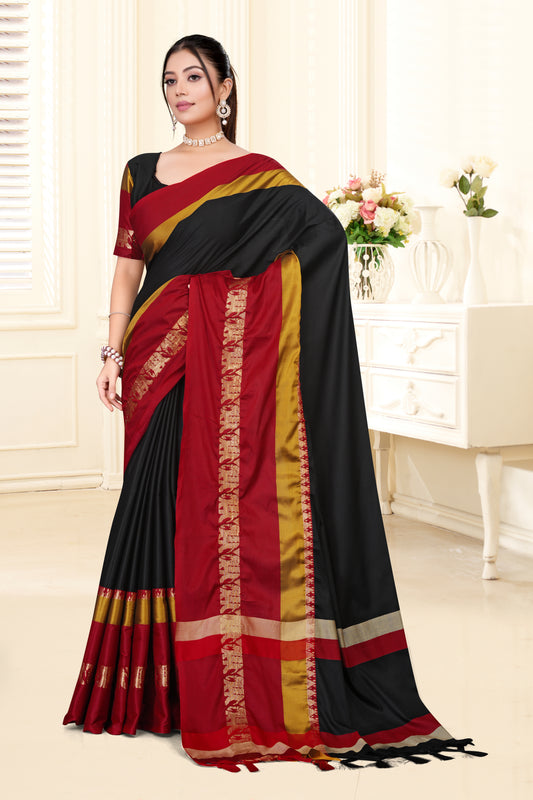 Black & Red Hathi Design (Elephant) Cotton Silk Saree