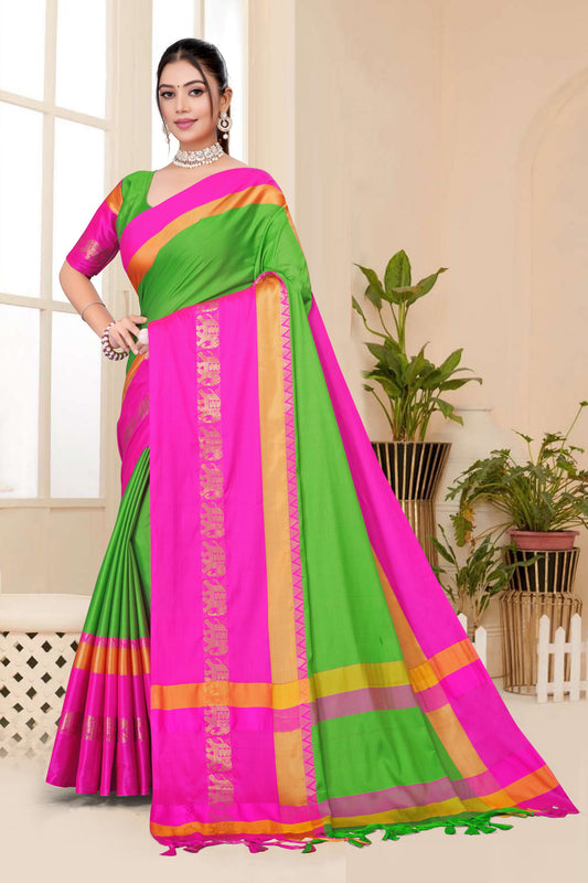 Parrot Green & Pink Rani Hathi Design (Elephant) Cotton Silk Saree
