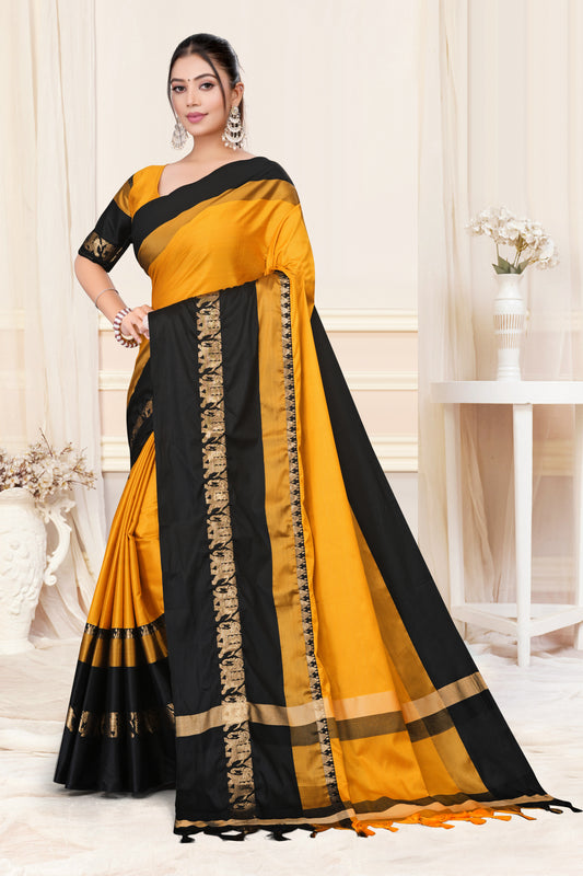 Gold & Black Hathi Design (Elephant) Cotton Silk Saree