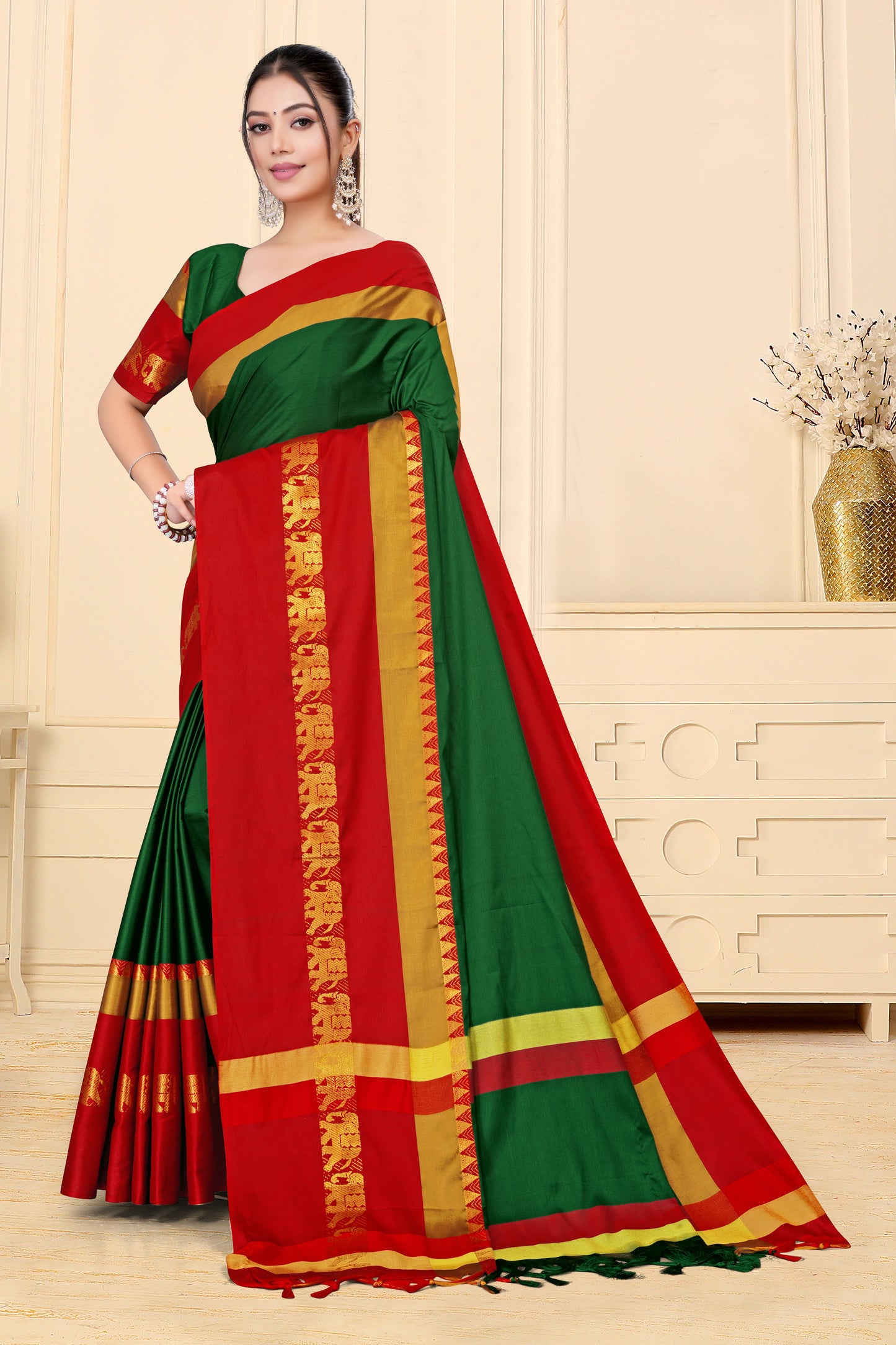 Bottle Green & Red Hathi Design (Elephant) Cotton Silk Saree