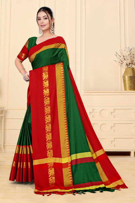 Bottle Green & Red Hathi Design (Elephant) Cotton Silk Saree