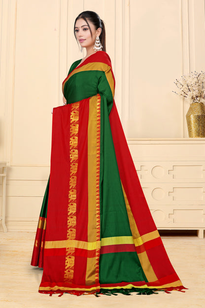 Bottle Green & Red Hathi Design (Elephant) Cotton Silk Saree